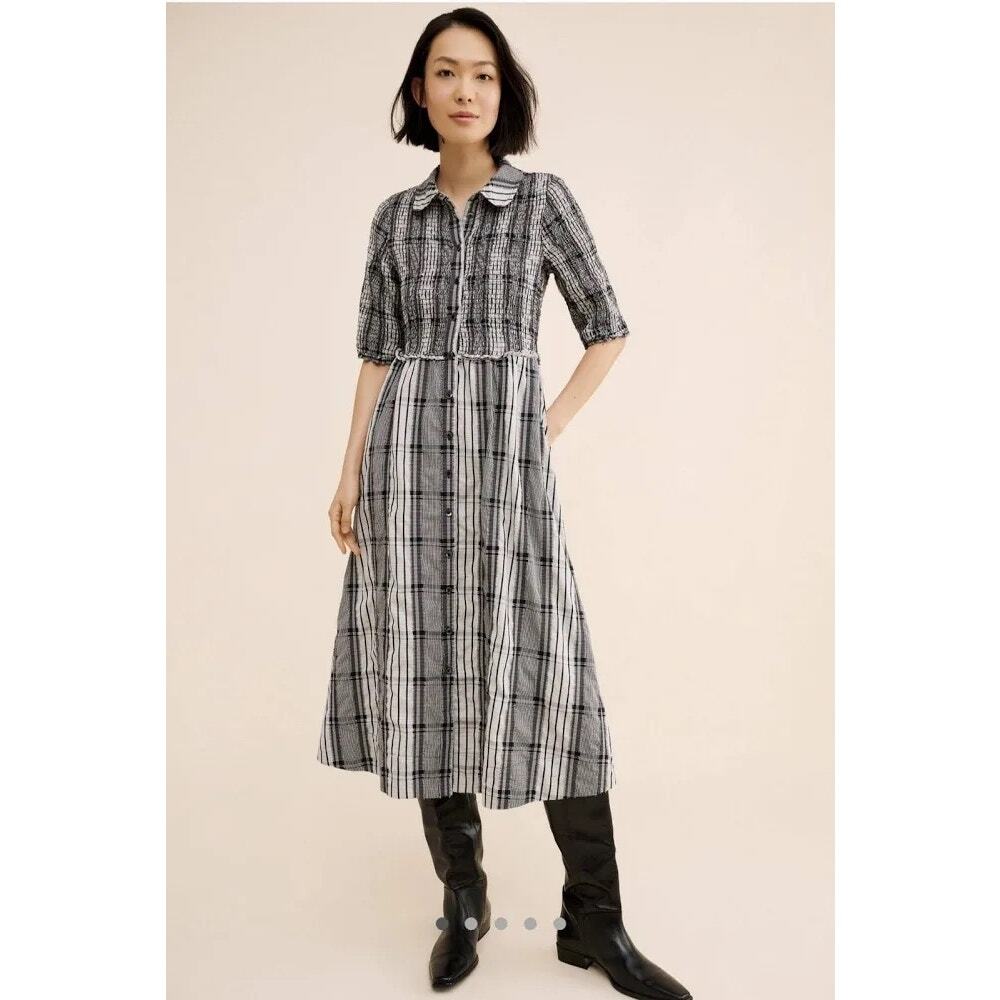 Anthropologie Maeve Smocked Midi Button Shirt Dress Black White Medium $168